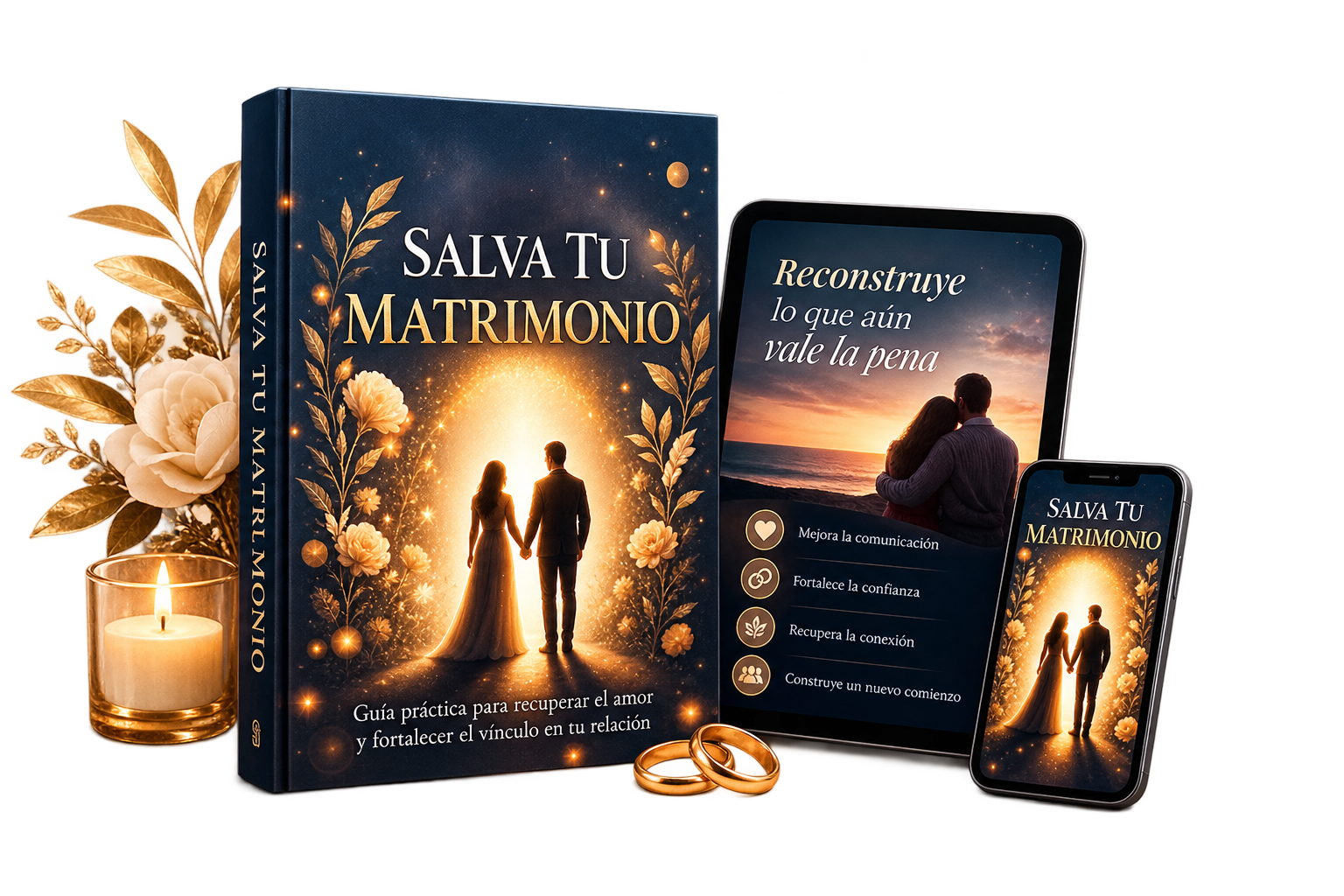 Bono Salva tu Matrimonio: libro, tablet y teléfono mostrando la guía